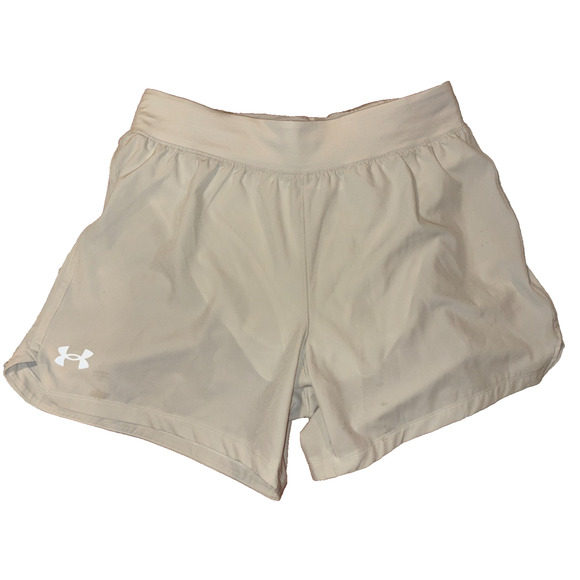 Under Armour Athletic Running Shorts Fitted Cream Ivory Speed Pocket Women Large - Picture 1 of 7